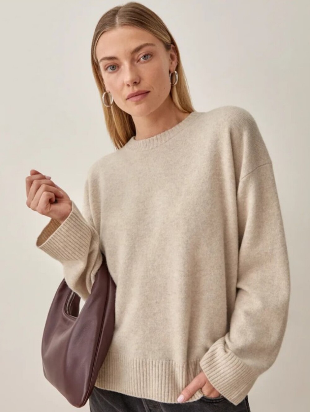 Reformation Enda 100% Wool Sweater Cream Tan XS Crew Neck